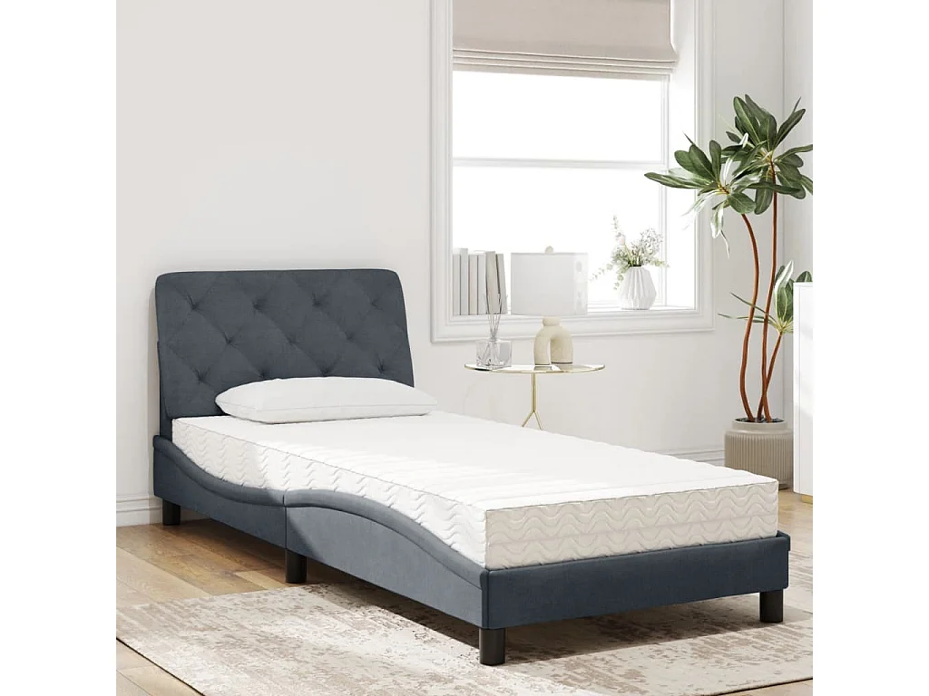 Lit adulte + matelas gris foncé 90x190 cm velours FR13422