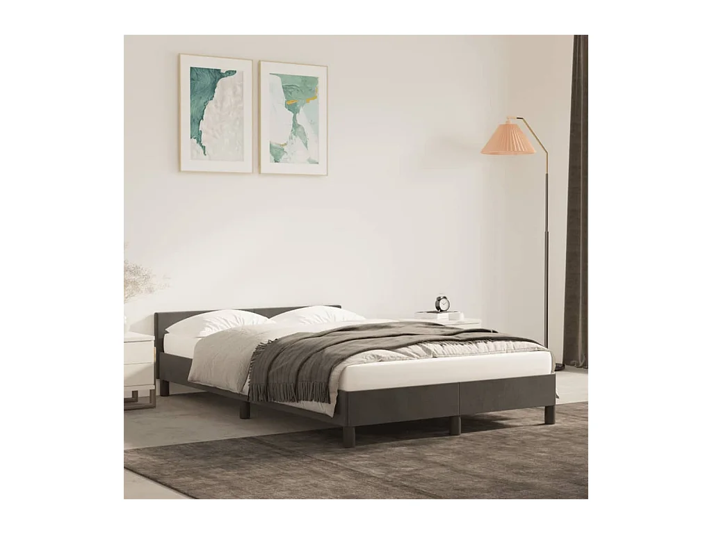 Lit double + tête de lit gris foncé 120x190 cm velours FR34542