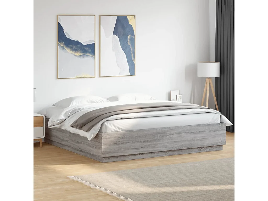 Lit double avec lumières LED sonoma gris 200x200 cm FR77701