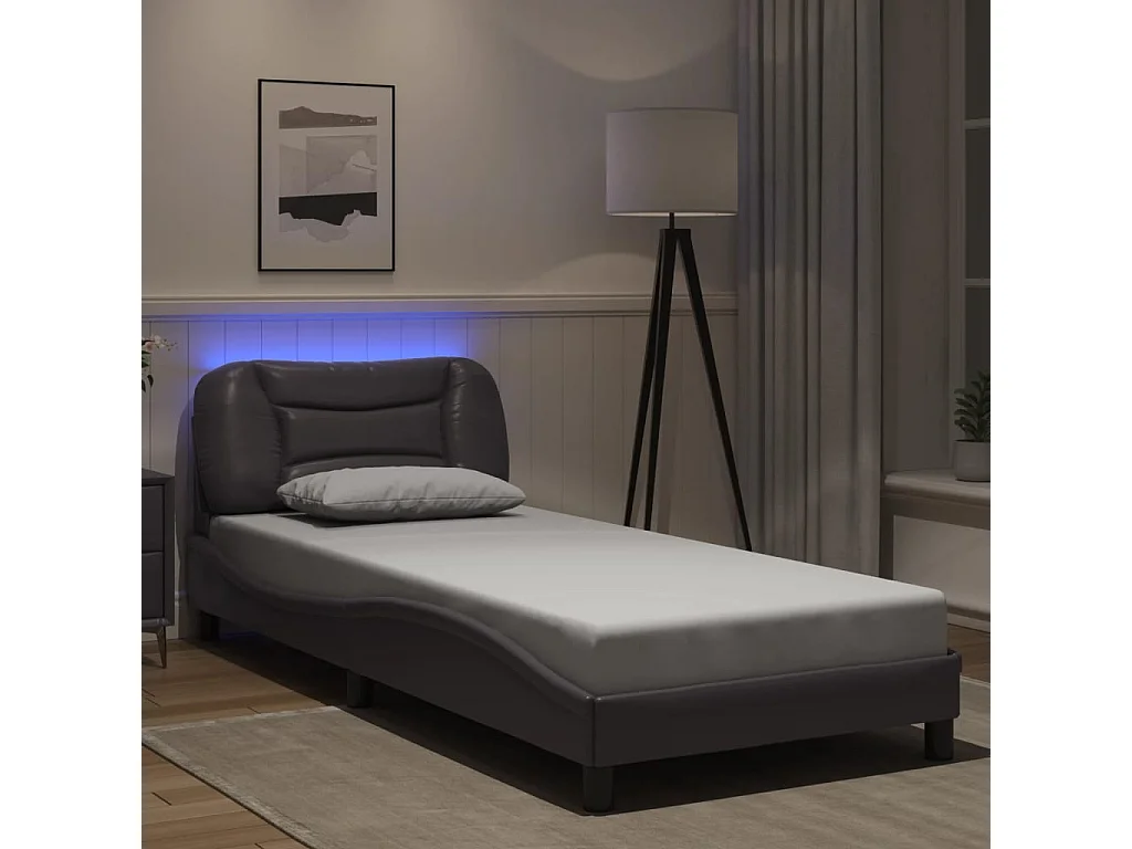 Cama individual- 80x200 cm con luces LED cuero sintético gris ES515643
