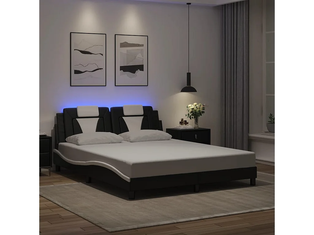 Lit double avec lumières LED noir blanc 160x200 cm similicuir FR42476