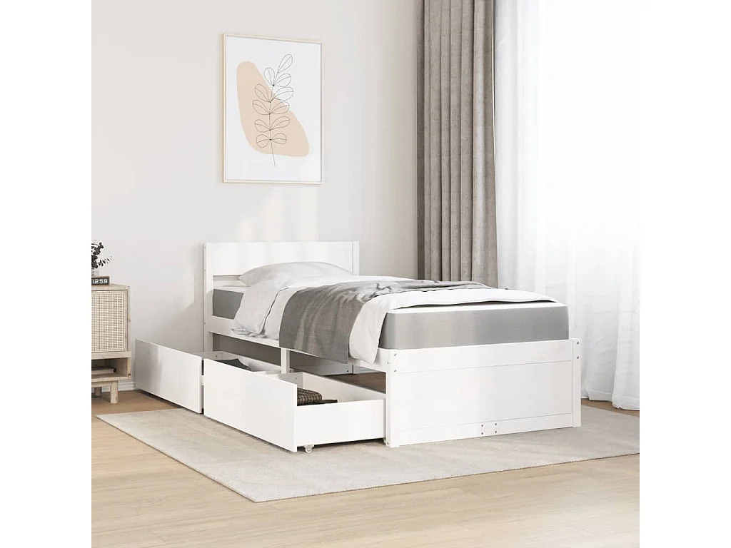 Cama 90x200 cm con cajones y colchón madera maciza pino blanco ES733698