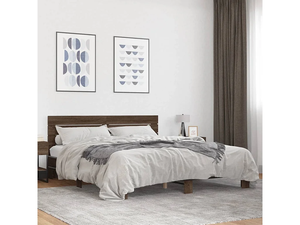Lit double chêne marron 200x200 cm bois d'ingénierie et métal FR35079