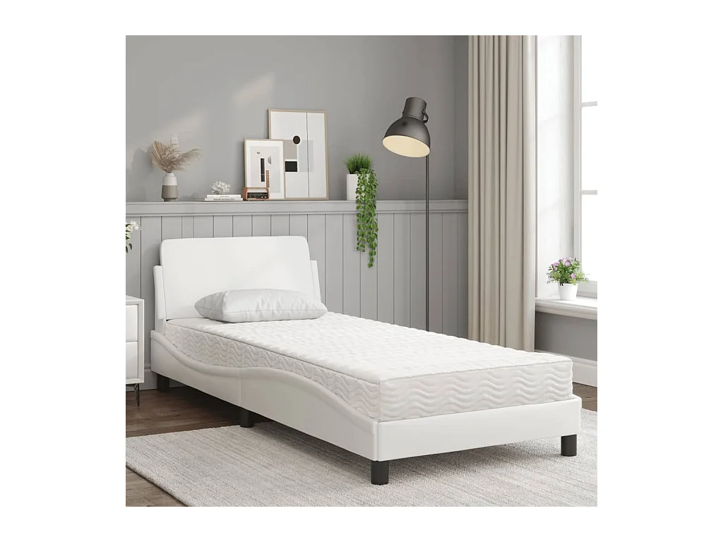 Lit adulte + matelas blanc 90x190 cm similicuir FR47758