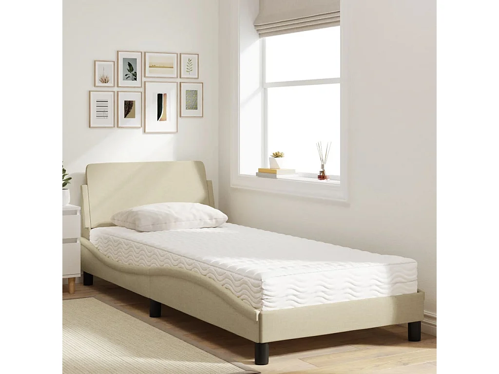 Lit adulte + matelas crème 90x200 cm tissu FR38341