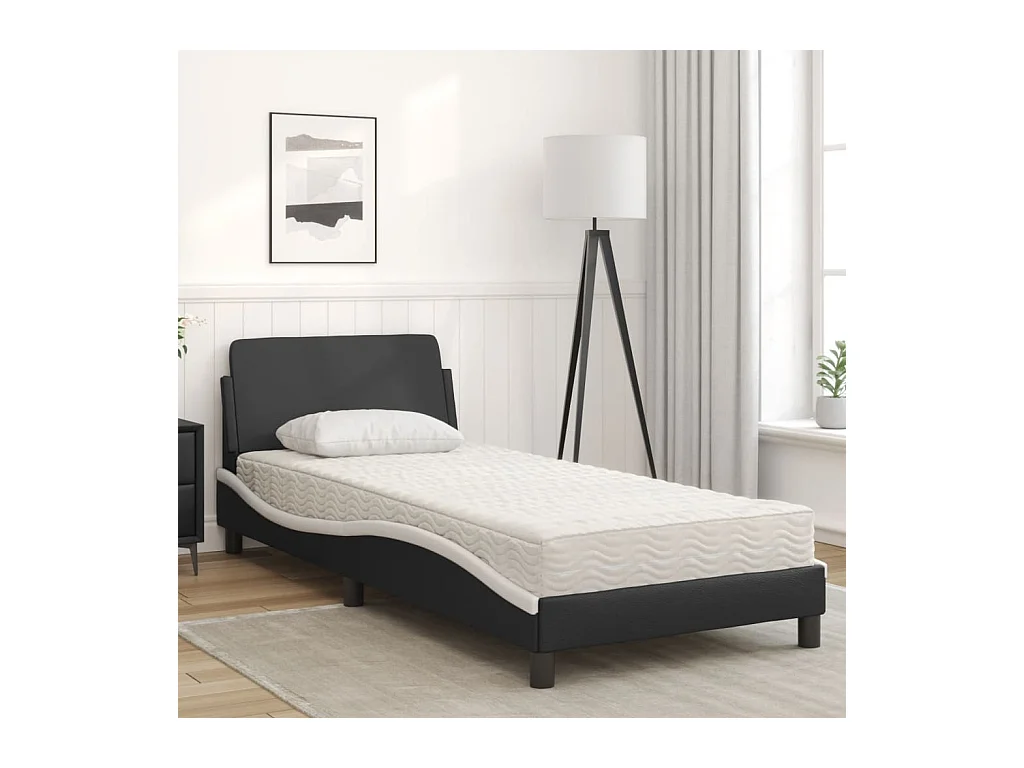 Lit adulte + matelas noir et blanc 90x190 cm similicuir FR31308