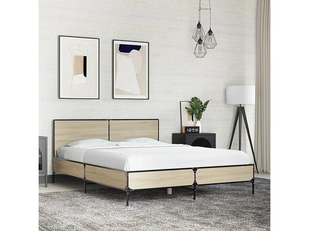 Cama 140x190 cm - madera ingeniería metal roble Sonoma ES430458