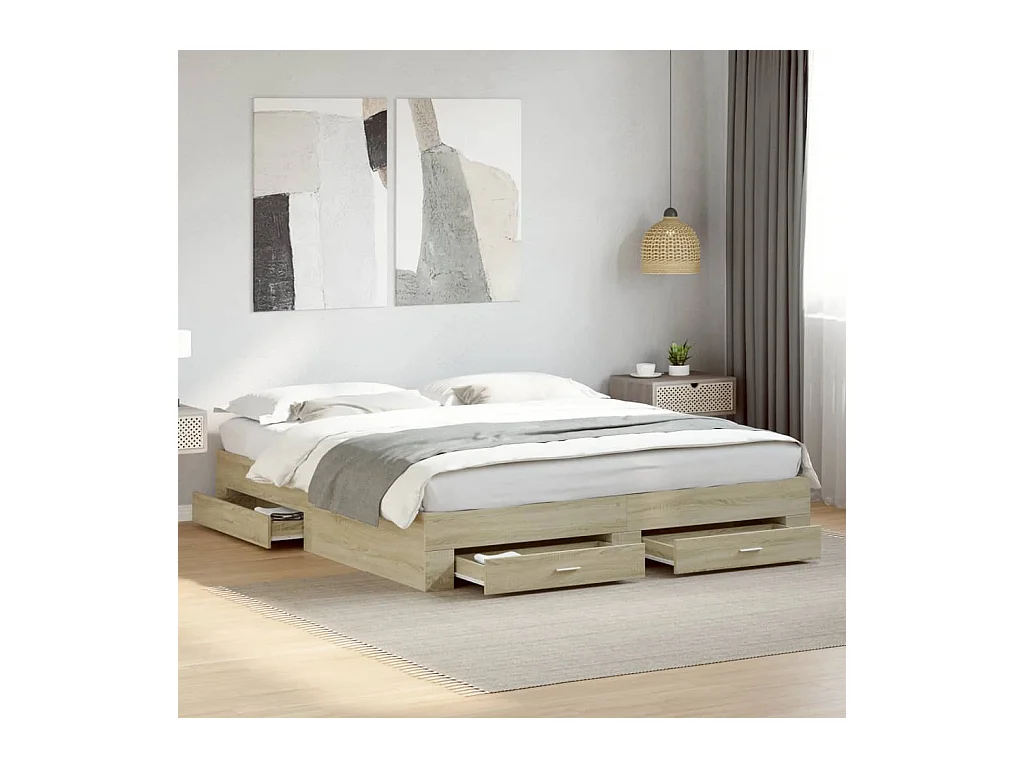 Lit double à tiroirs chêne sonoma 180x200cm bois d'ingénierie FR49311