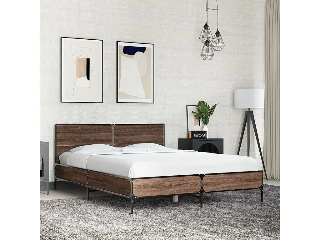 Lit double chêne marron 120x200 cm bois d'ingénierie et métal FR53957
