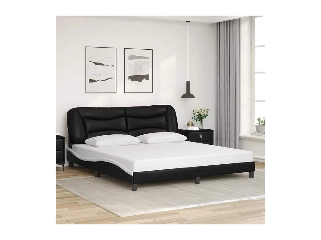 Cama individual- con cabecero cuero sintético negro y blanco ES787412