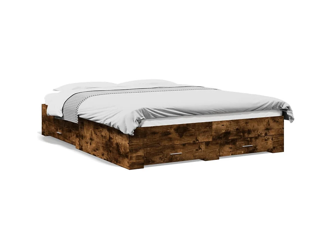 Lit double à tiroirs chêne fumé 140x200 cm bois d'ingénierie FR47838