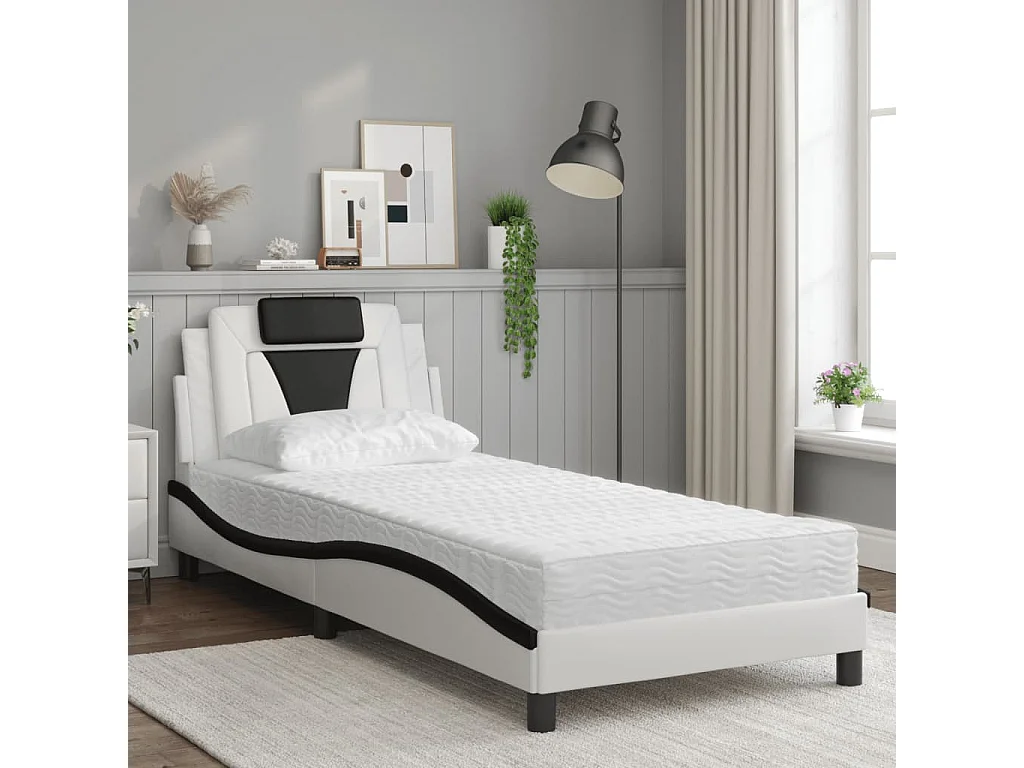 Lit adulte + matelas blanc et noir 90x200 cm similicuir FR61754