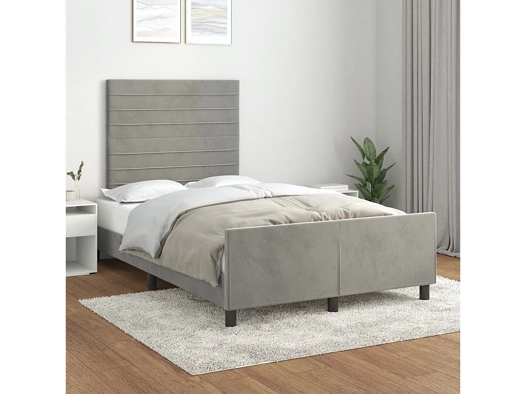 Lit double + tête de lit gris clair 120x190 cm velours FR25374