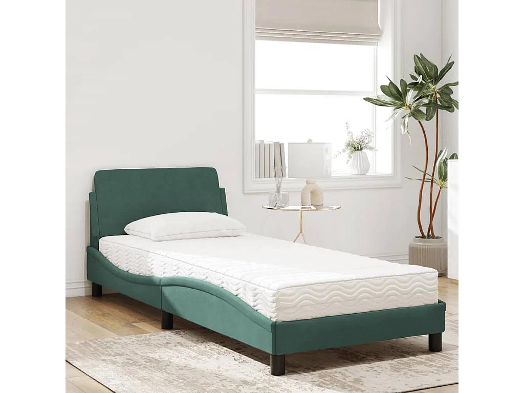 Lit adulte + matelas vert foncé 90x200 cm velours FR24529