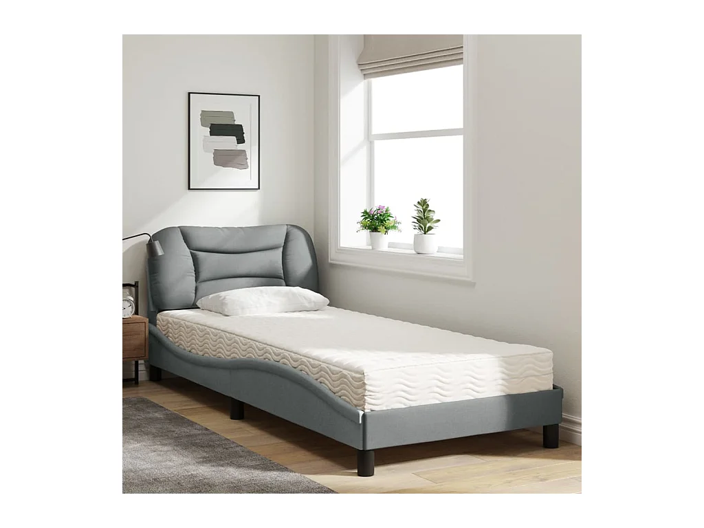 Lit adulte + matelas gris clair 90x190 cm tissu FR13623