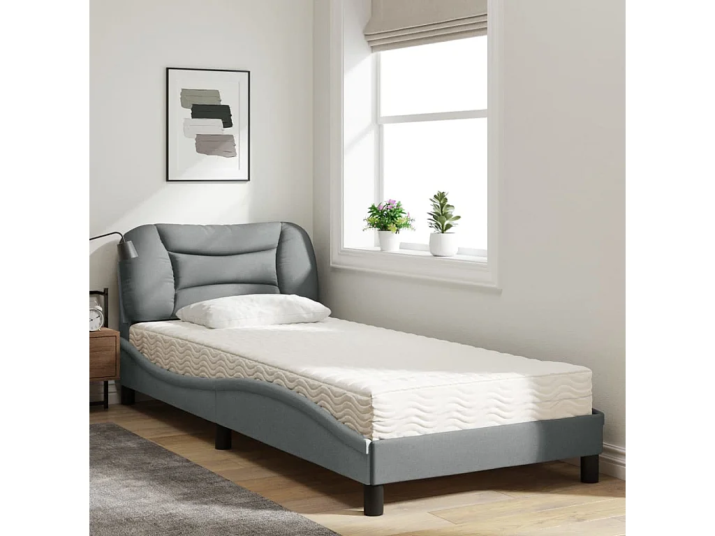 Lit adulte + matelas gris clair 90x190 cm tissu FR13623