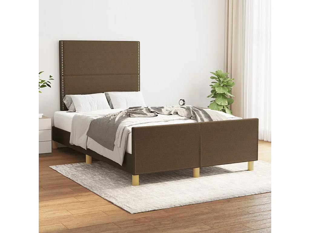 Lit double + tête de lit marron foncé 120x190 cm tissu FR13954