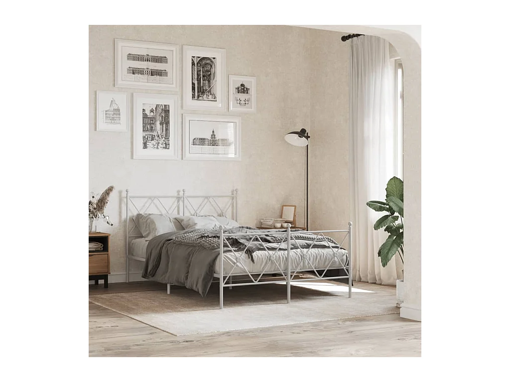 Lit double métal + tête de lit/pied de lit blanc 120x190cm FR72363