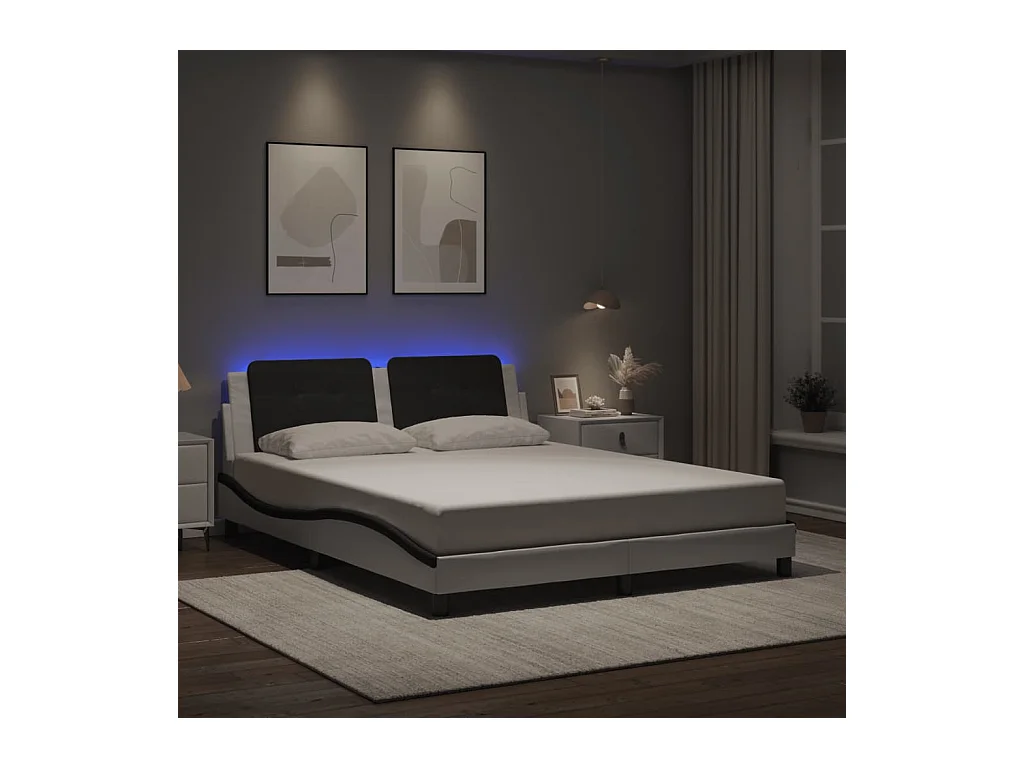Lit double avec lumières LED blanc noir 160x200 cm similicuir FR74292