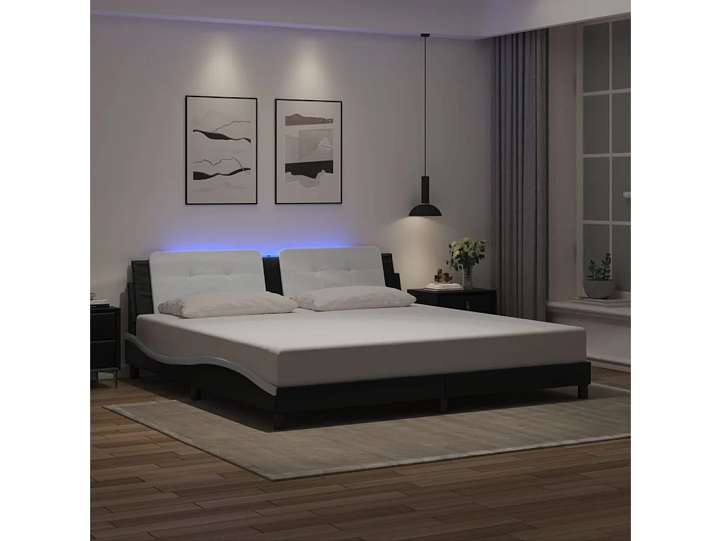 Lit double avec lumières LED noir blanc 200x200 cm similicuir FR22591