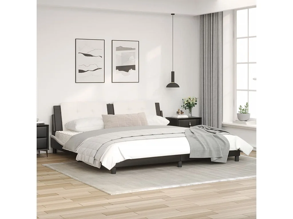 Lit double avec lumières LED noir blanc 200x200 cm similicuir FR22591