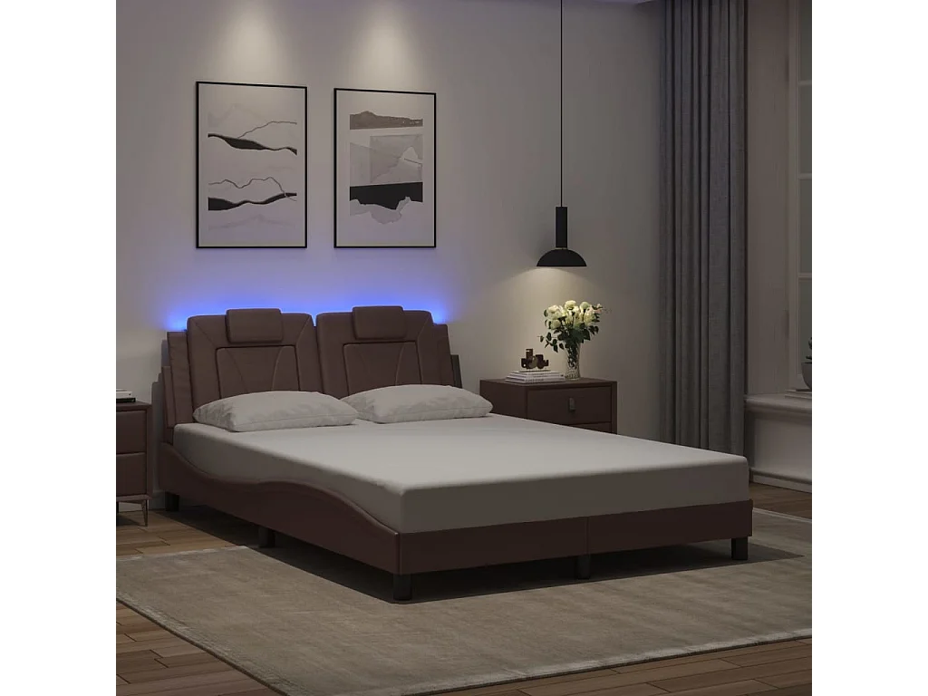 Lit double avec lumières LED marron 140x190 cm similicuir FR77946