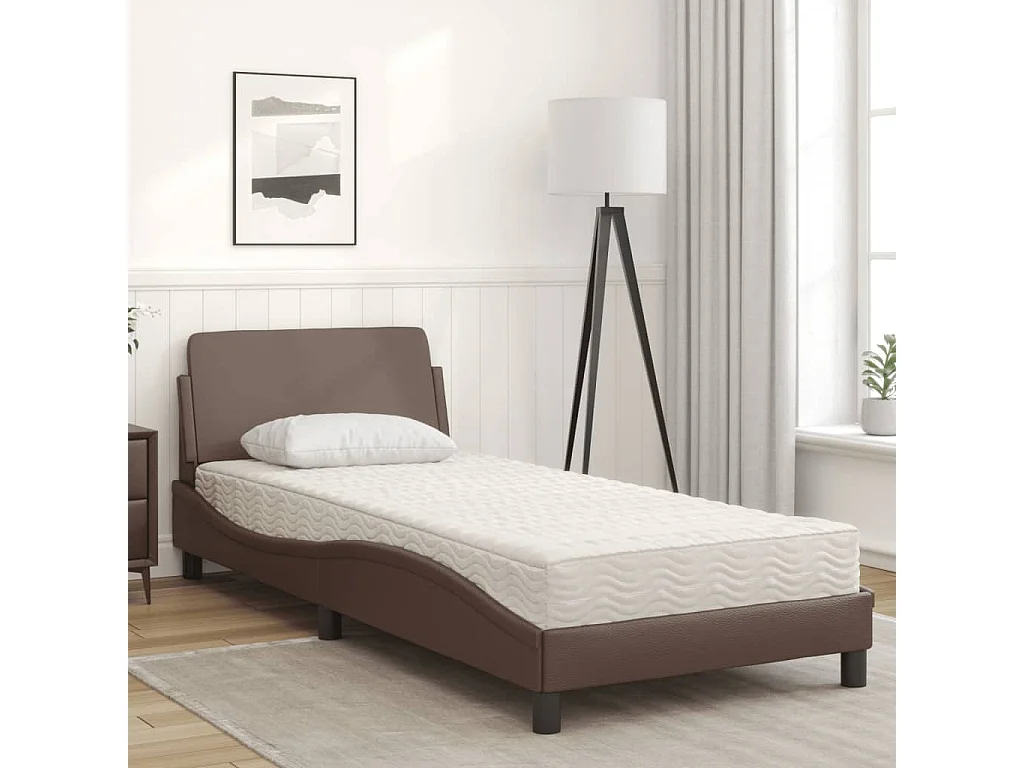 Lit adulte + matelas marron 90x200 cm similicuir FR71451