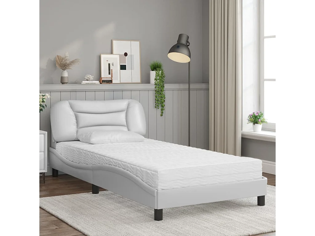 Lit adulte + matelas blanc 100x200 cm similicuir FR56365
