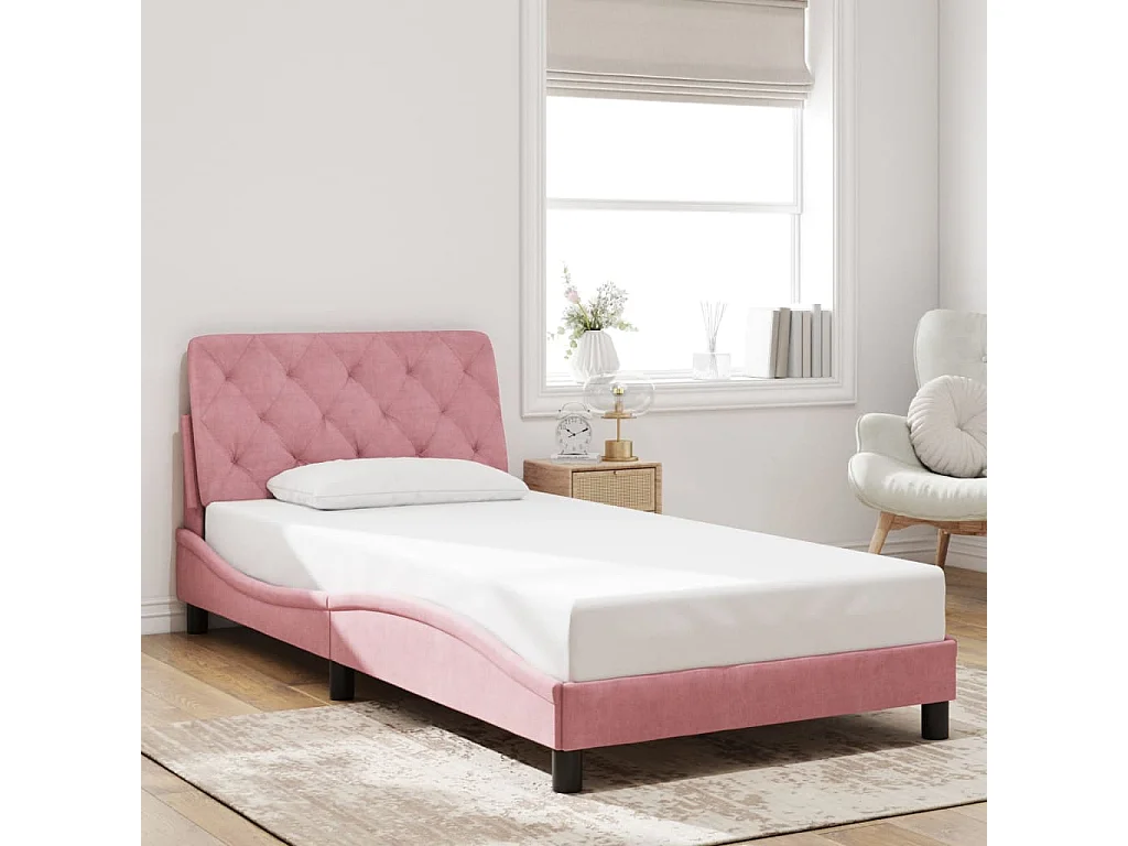 Lit simple + tête de lit Rose 100x200 cm Velours FR86915