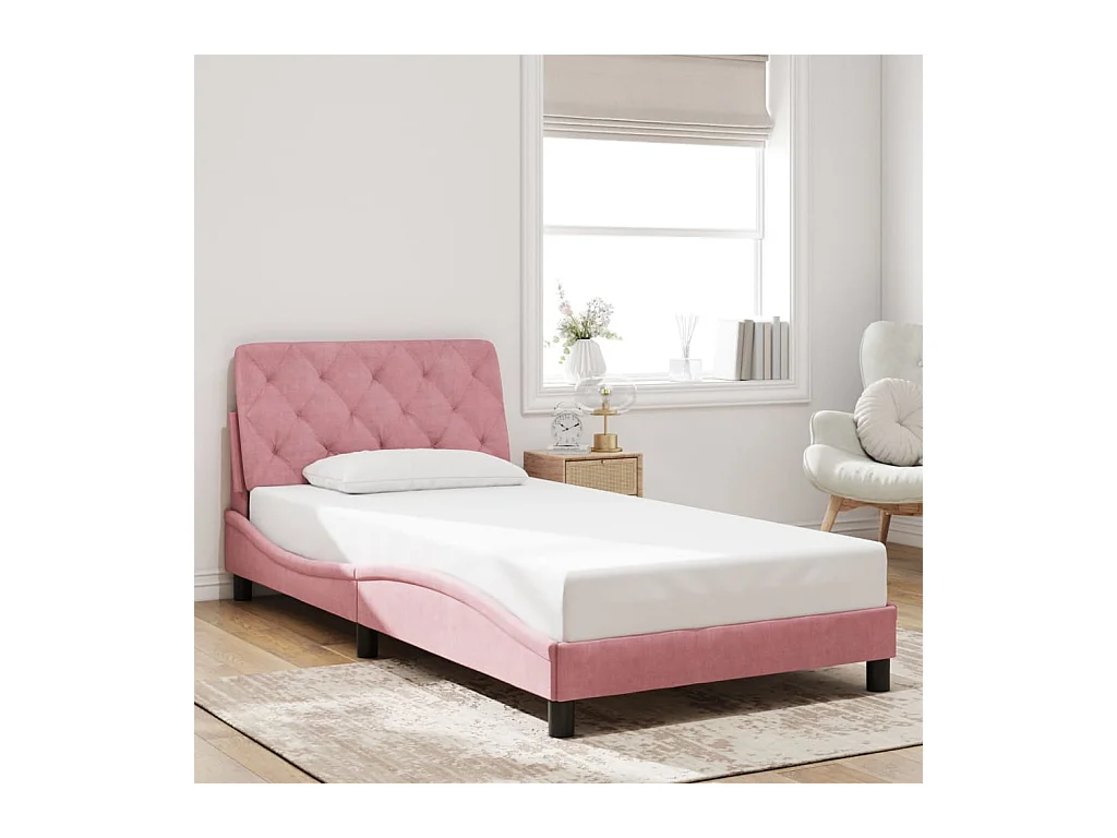 Lit simple + tête de lit Rose 100x200 cm Velours FR86915