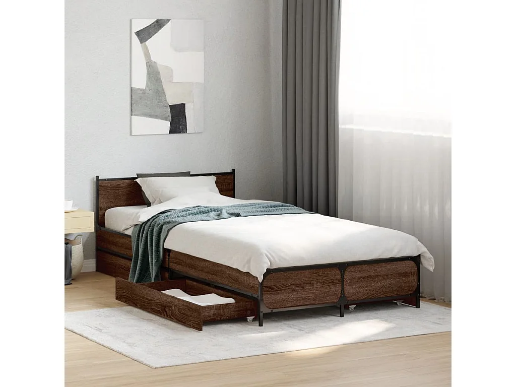 Bedframe met lades bewerkt hout bruin eikenkleur 75x190 cm BE155041