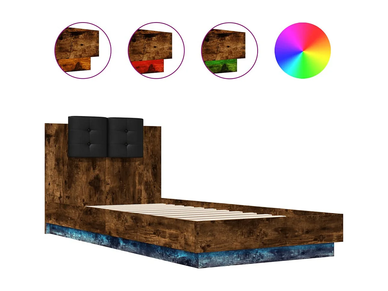 Cama c/ cabeceira/luzes LED 90x200 cm carvalho fumado PT904140