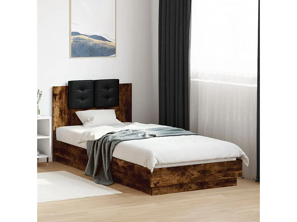 Cama c/ cabeceira/luzes LED 90x200 cm carvalho fumado PT904140