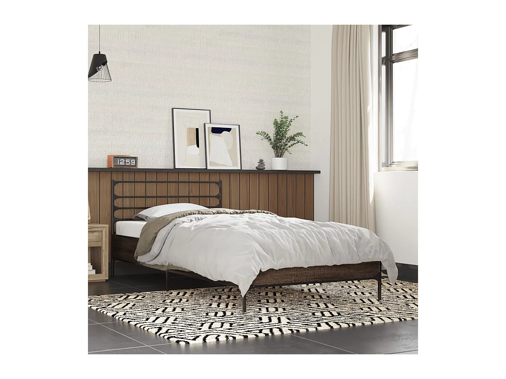 Lit simple chêne marron 100x200 cm bois d'ingénierie et métal FR67373