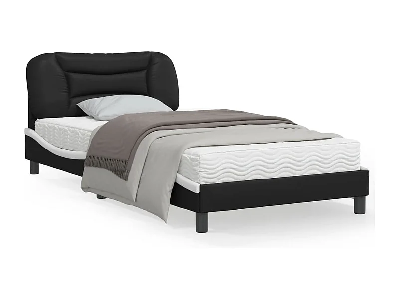 Cama individual- con cabecero cuero sintético negro y blanco ES379483