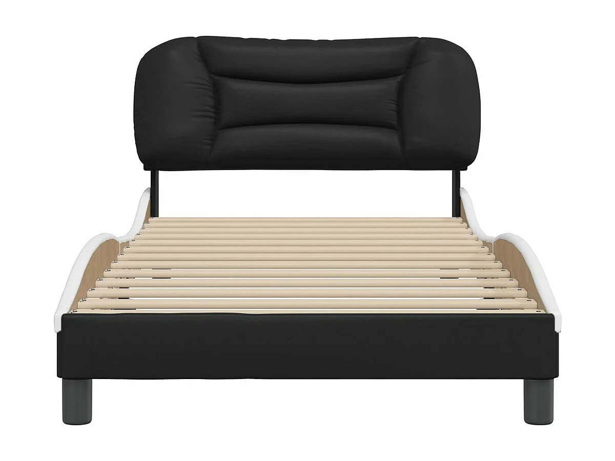 Cama individual- con cabecero cuero sintético negro y blanco ES379483