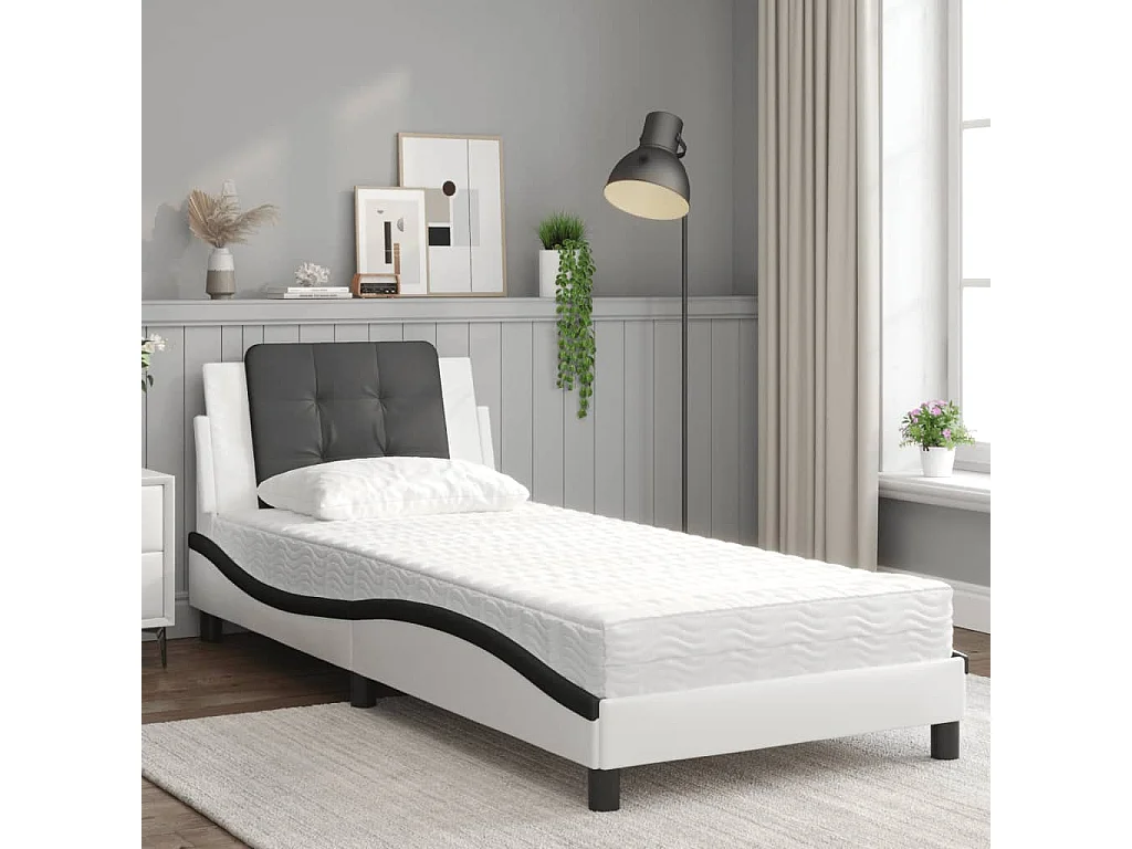 Lit adulte + matelas blanc et noir 100x200 cm similicuir FR15384