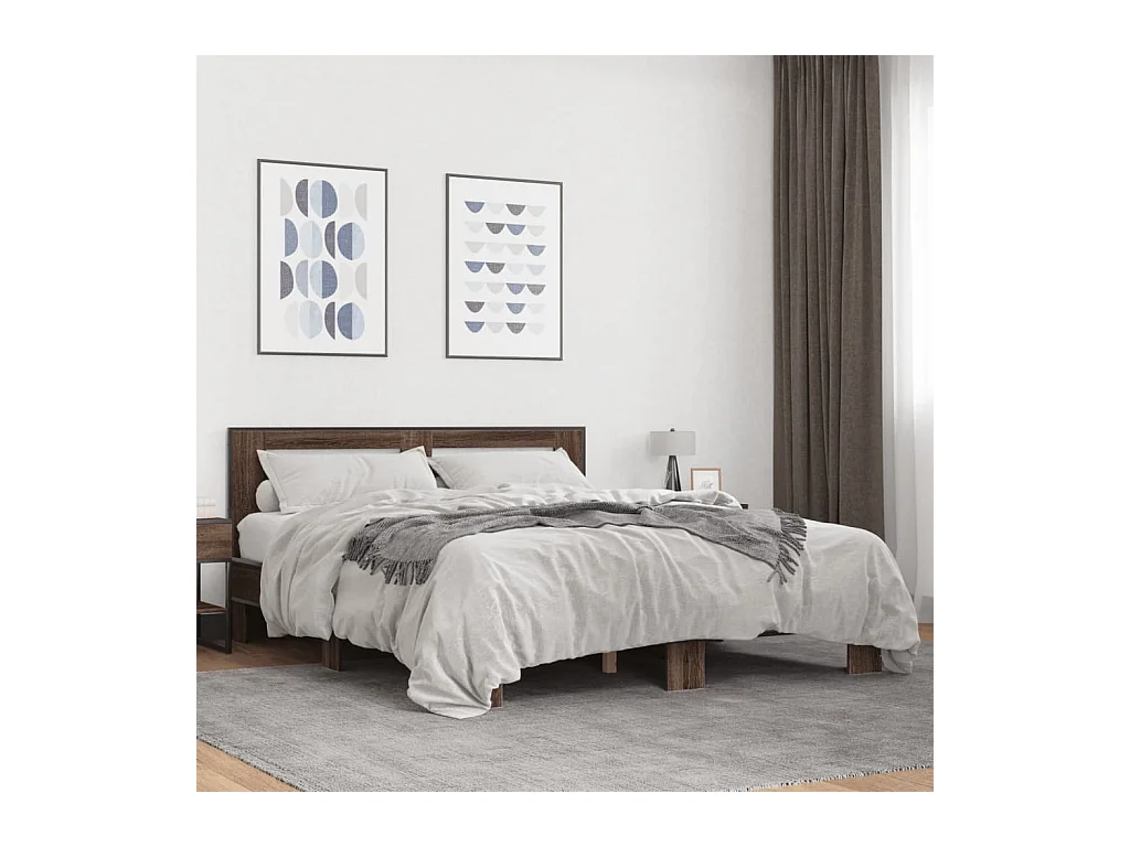 Lit double chêne marron 160x200 cm bois d'ingénierie et métal FR44230