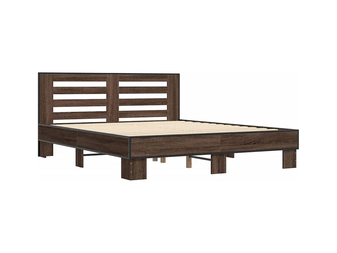Lit double chêne marron 160x200 cm bois d'ingénierie et métal FR44230
