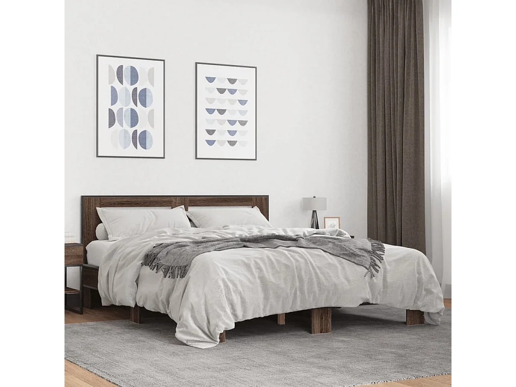Lit double chêne marron 160x200 cm bois d'ingénierie et métal FR44230
