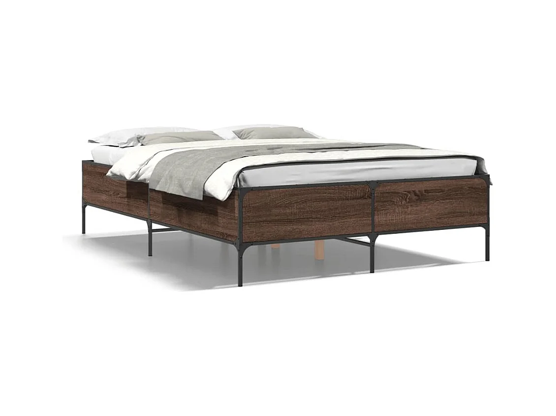 Lit double chêne marron 150x200 cm bois d'ingénierie et métal FR23839