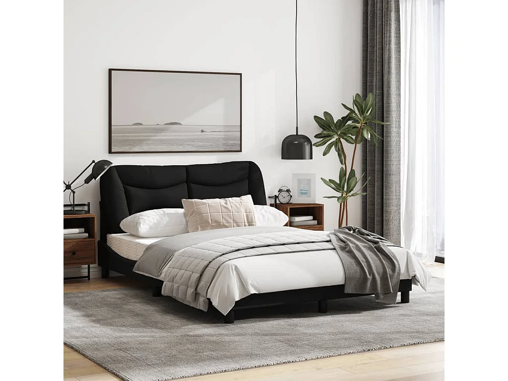 Lit double + tête de lit Noir 120x200 cm Tissu FR58414