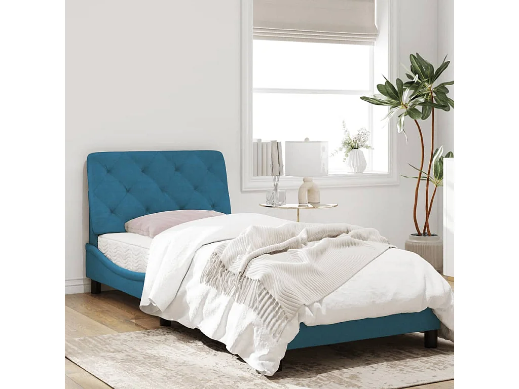 Lit simple + tête de lit bleu 90x200 cm velours FR81708