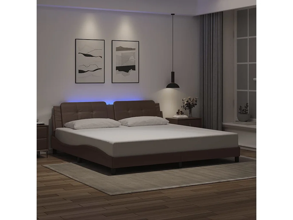 Cama 200x200 cm - con luces LED cuero sintético marrón ES864913