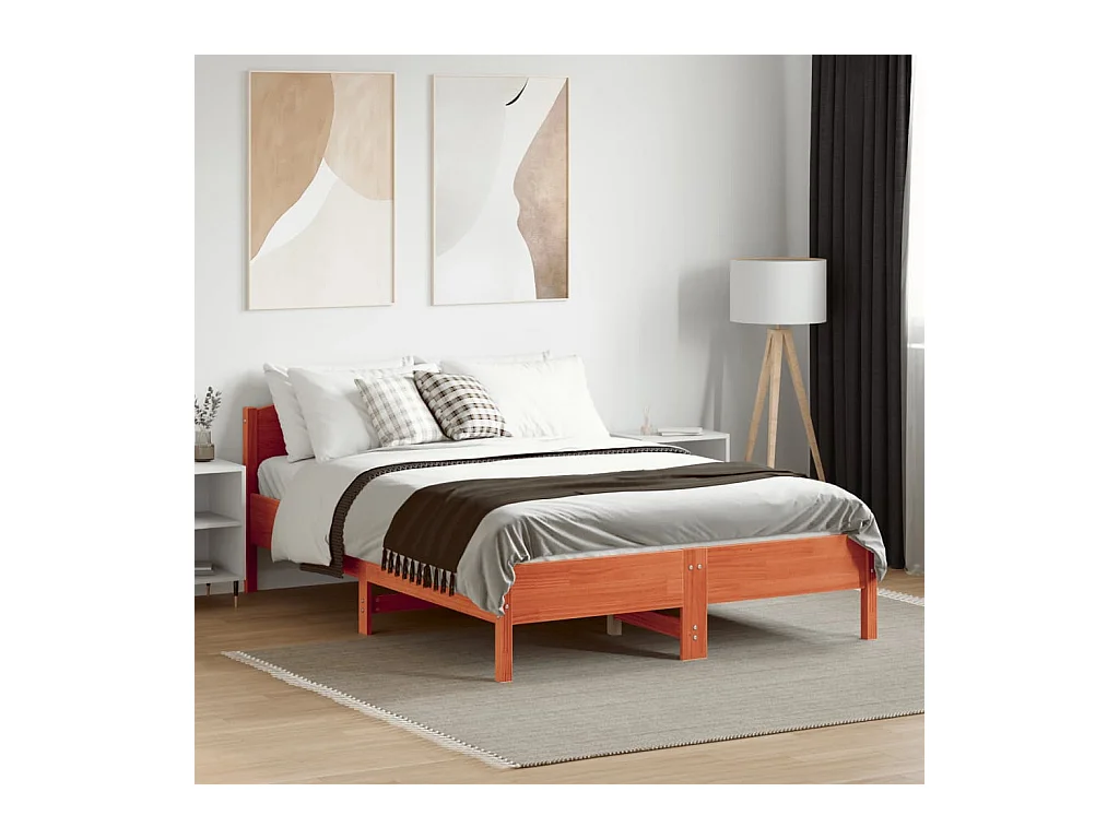 Lit double et tête de lit cire marron 135x190 cm bois de pin FR47967