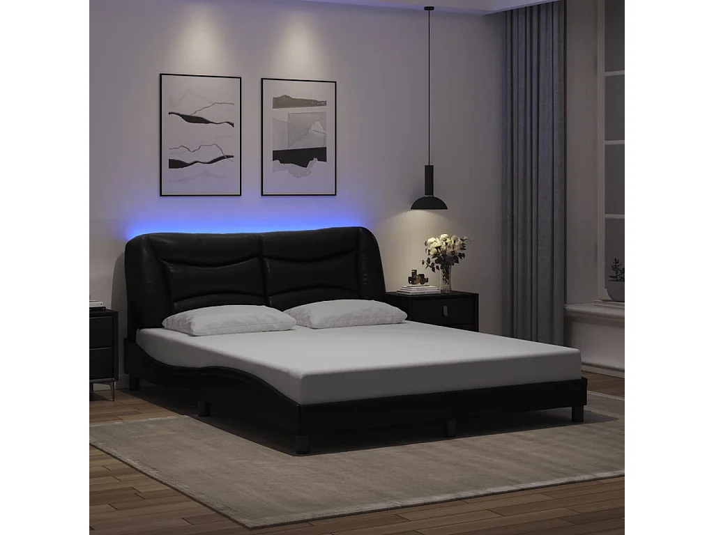Lit double avec lumières LED noir 160x200 cm similicuir FR50863
