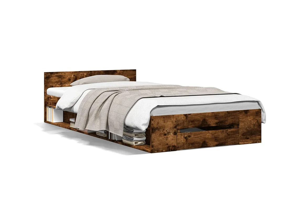 Lit simple et tiroir chêne fumé 90x190 cm bois d'ingénierie FR41719