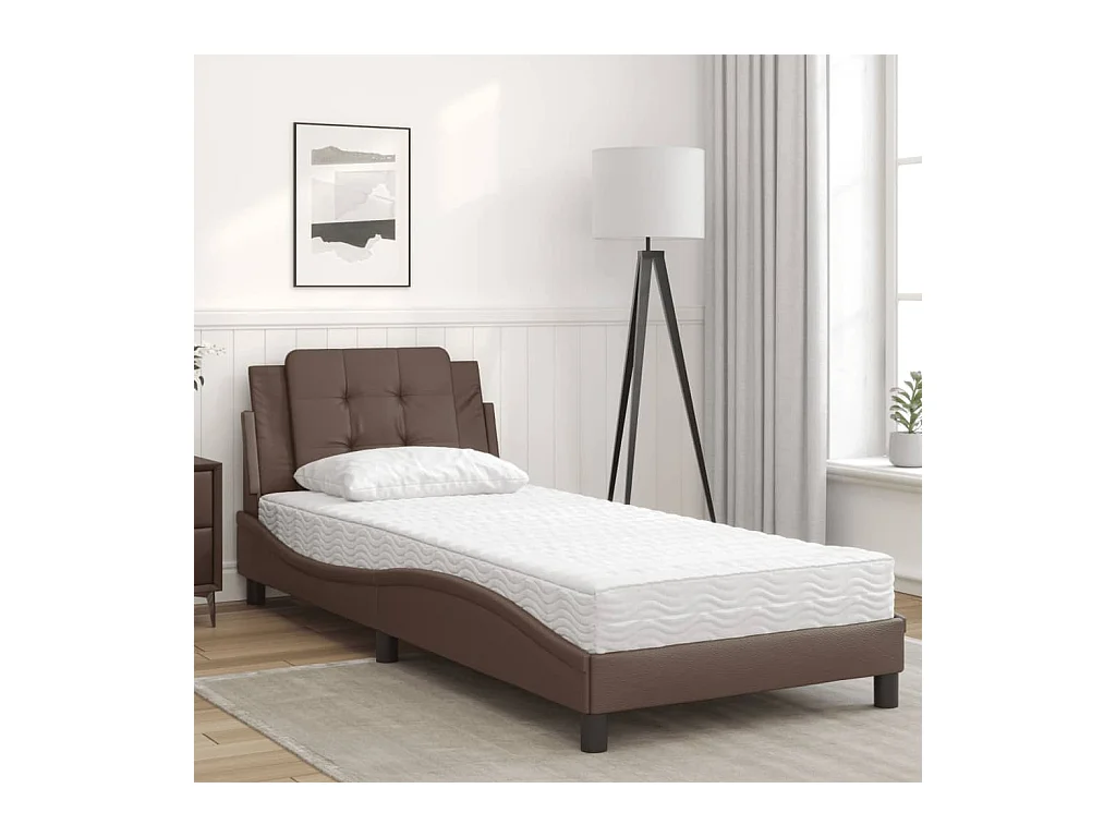 Lit adulte + matelas marron 90x190 cm similicuir FR14533