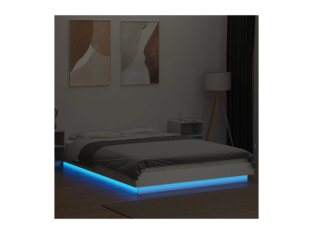 Lit double avec lumières LED blanc 135x190 cm bois ingénierie FR44808