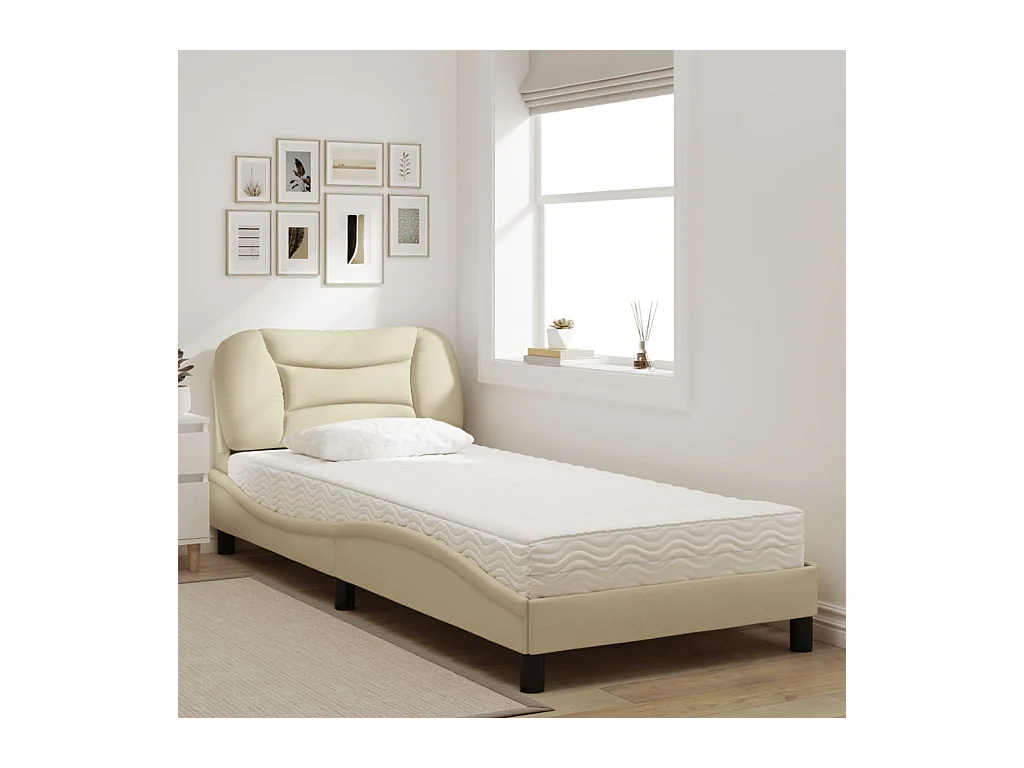 Lit adulte + matelas crème 90x200 cm tissu FR13946